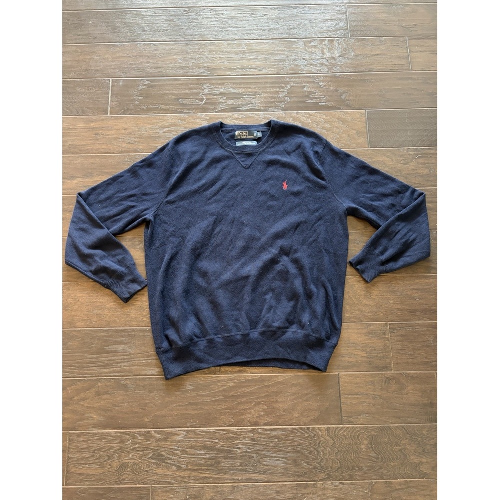 Polo Ralph Lauren Mens Navy Blue 100% Cotton Crewneck Sweater Red Pony Logo L